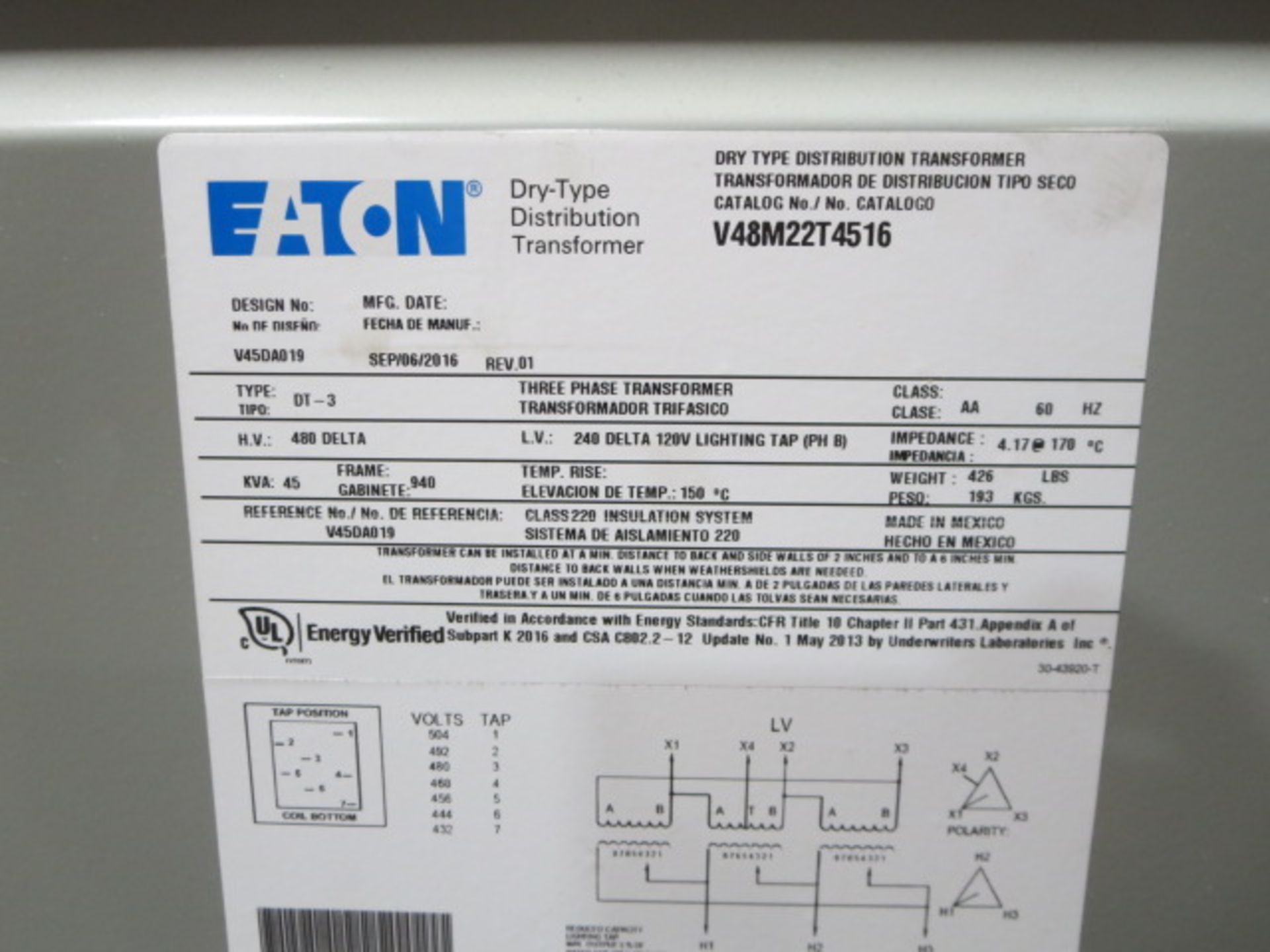 Eaton Dry Type Distribution Transformer, 3 Phase, model V45DA019 Type DT-3 - Bild 2 aus 2