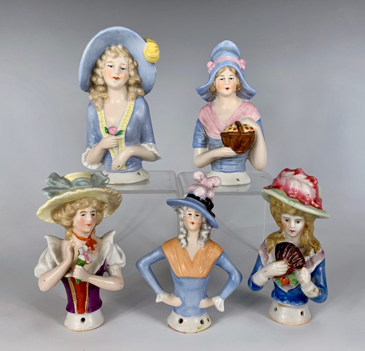 5 German Porcelain China Half Dolls C. 1920's