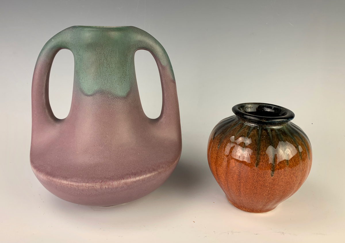 Muncie Matte Green Handled Vase & Peachskin Vase