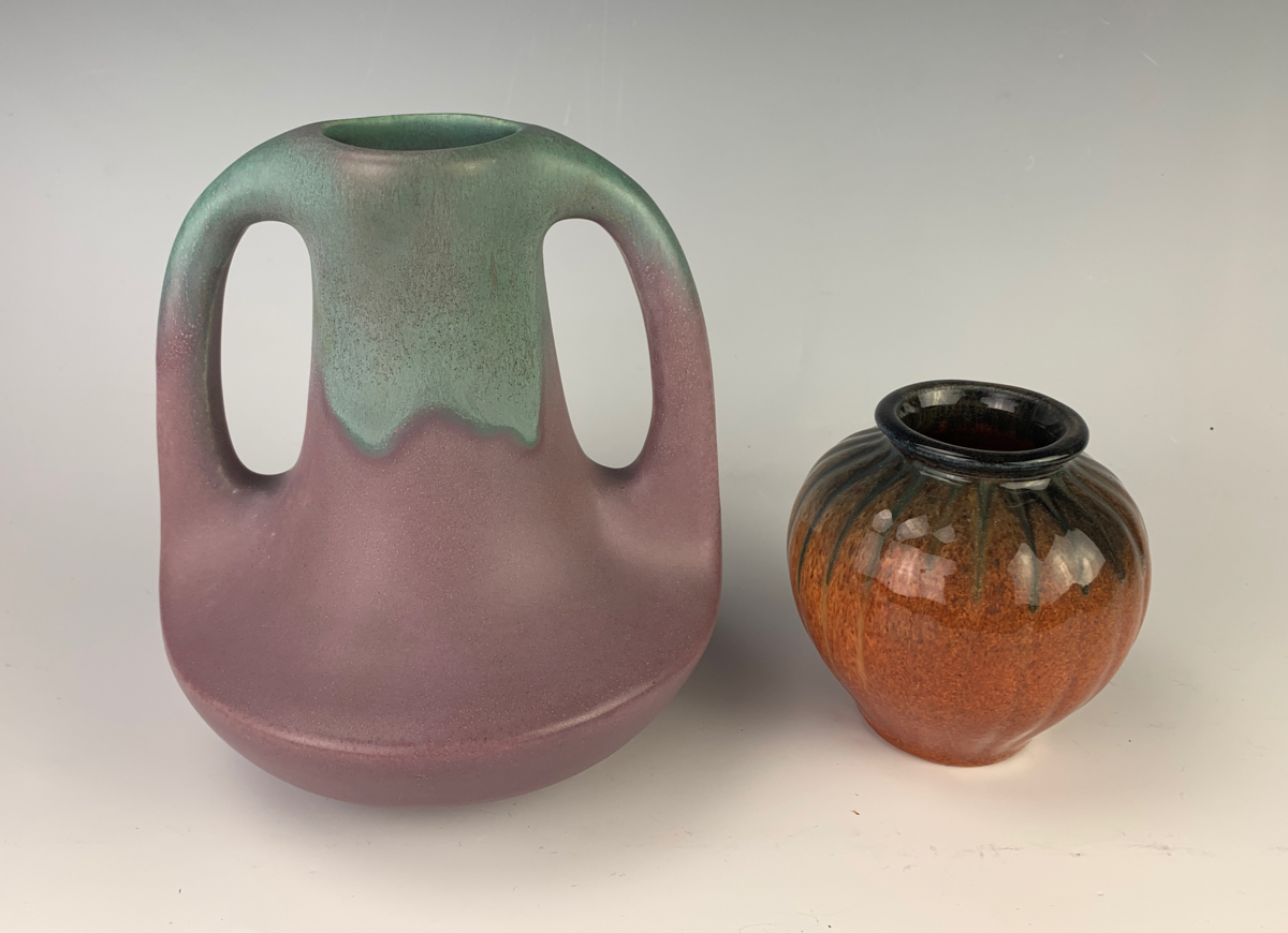 Muncie Matte Green Handled Vase & Peachskin Vase - Image 2 of 4