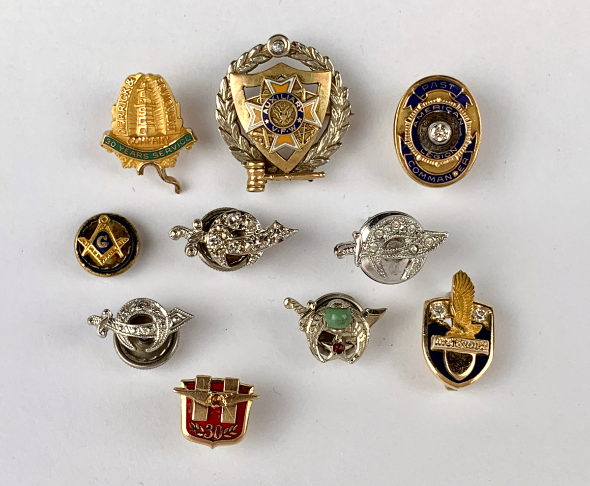 10 Fraternal Pins, Diamonds, Gold, Etc