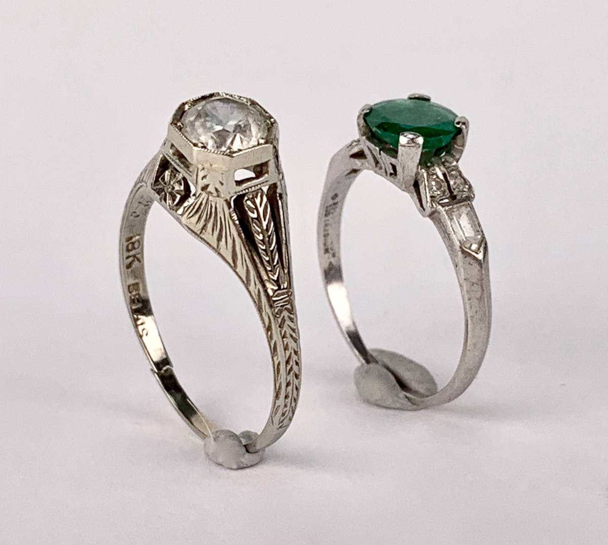 Pair Spinel, 18k White Gold, Green Stone Rings