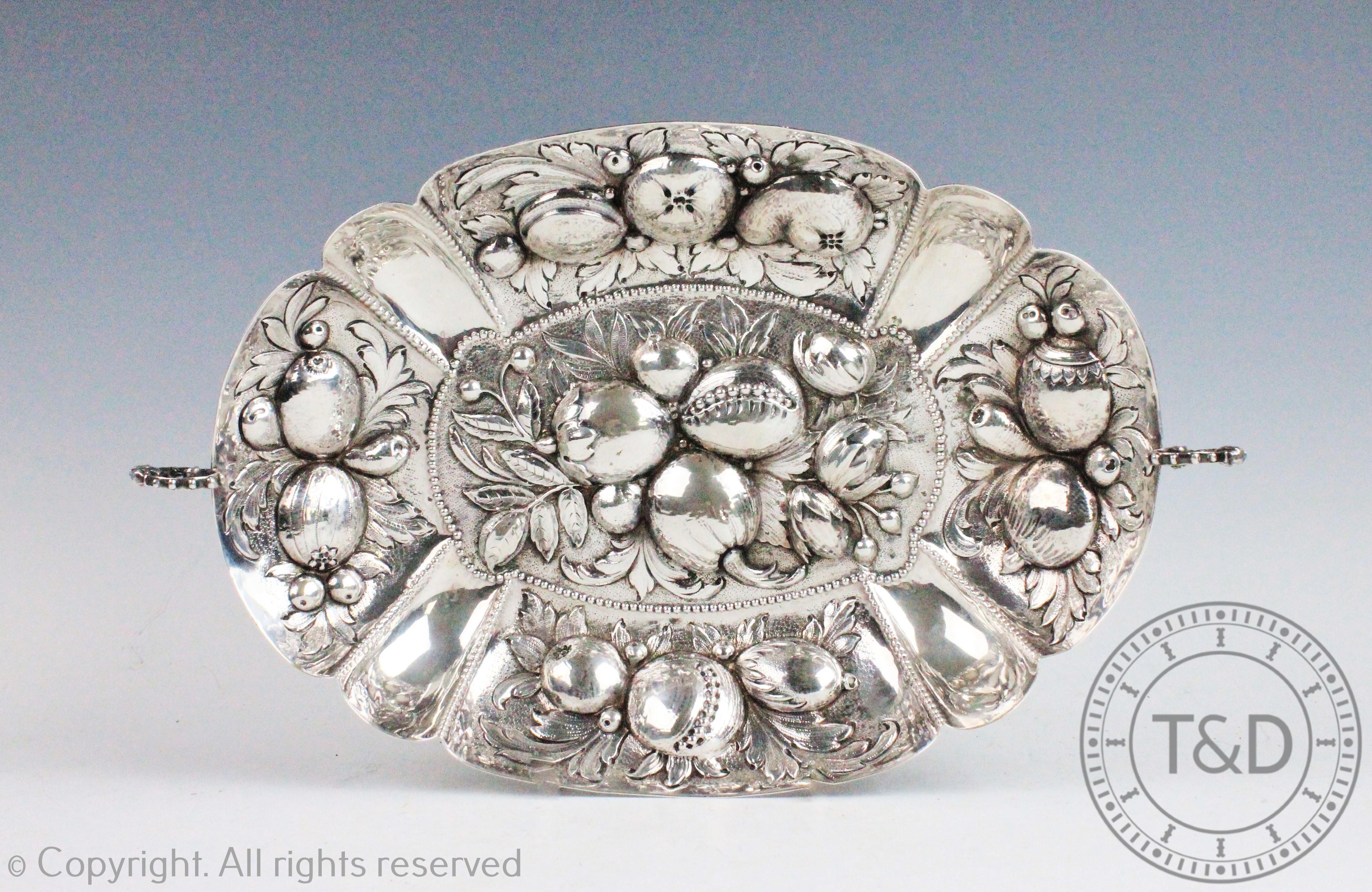 An '800' standard white metal fruit bowl, the oval,