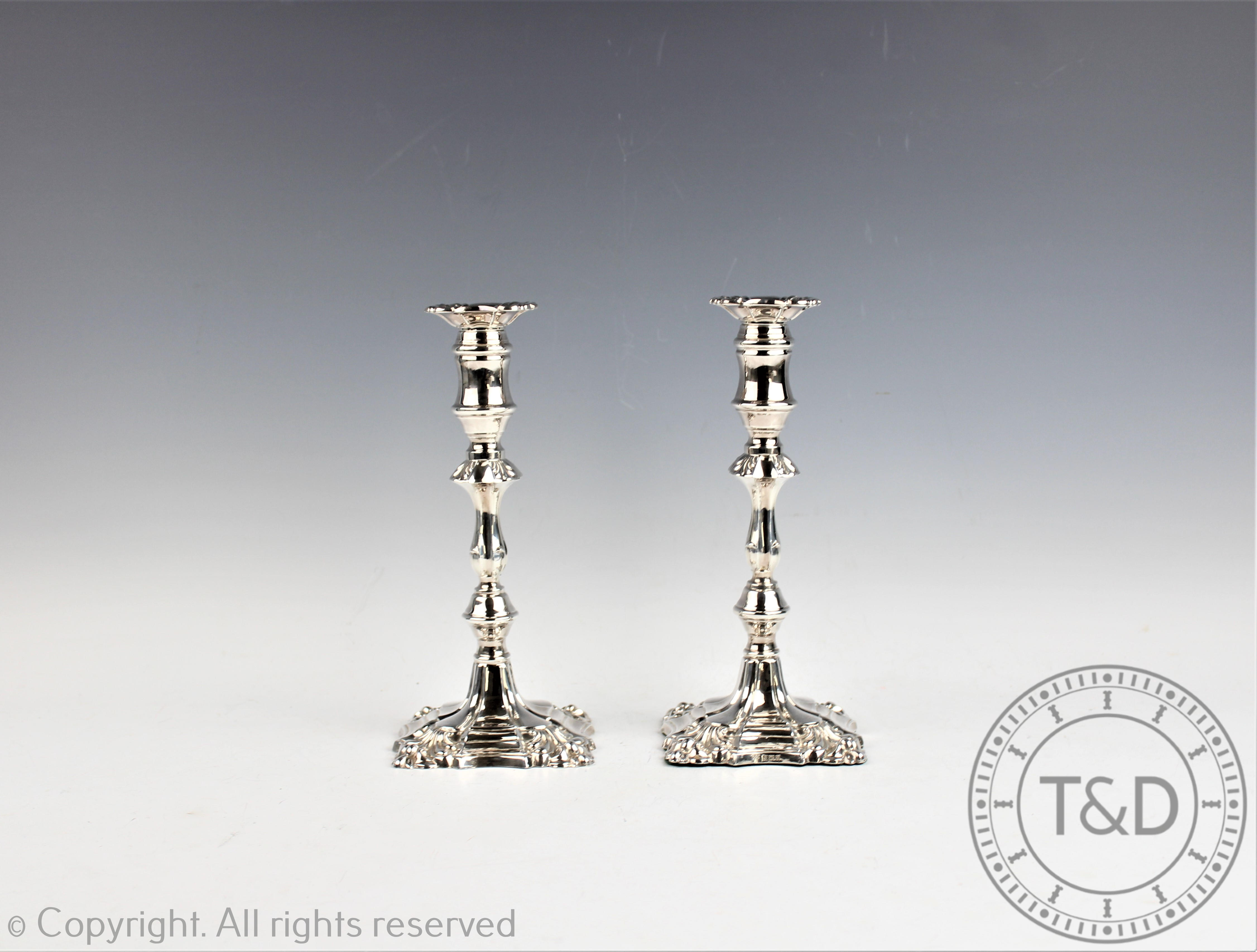 A pair of George III style silver candlesticks, C J Vander Ltd, Birmingham 1963,