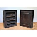 A late 18th century oak cupboard, with panelled door enclosing shelves, 87cm H x 71cm W,