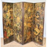 A Victorian gilt oak four fold scrap work screen, decorated throughout with buildings, figures,