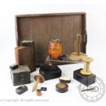 A selection of 19th century and later treen, horn, papier mache and metal boxes,