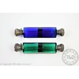 Two Victorian double ended, silver topped scent or salt bottles, in blue and green glass,