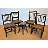 A pair of 19th century oak country kitchen chairs with spindle backs and and solid seats, 90cm H,
