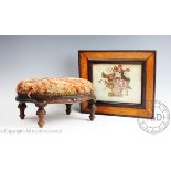 A 19th century tapestry picture of flowers, in maple frame, 30cm x 35cm, a Victorian oval stool,