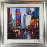 Tony Rome, Pastel, American city scene with yellow cabs and digital advertising, Signed, 50.