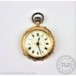 A ladies 18k gold fob watch, the white enamel dial with black Roman numerals and gilt highlights,