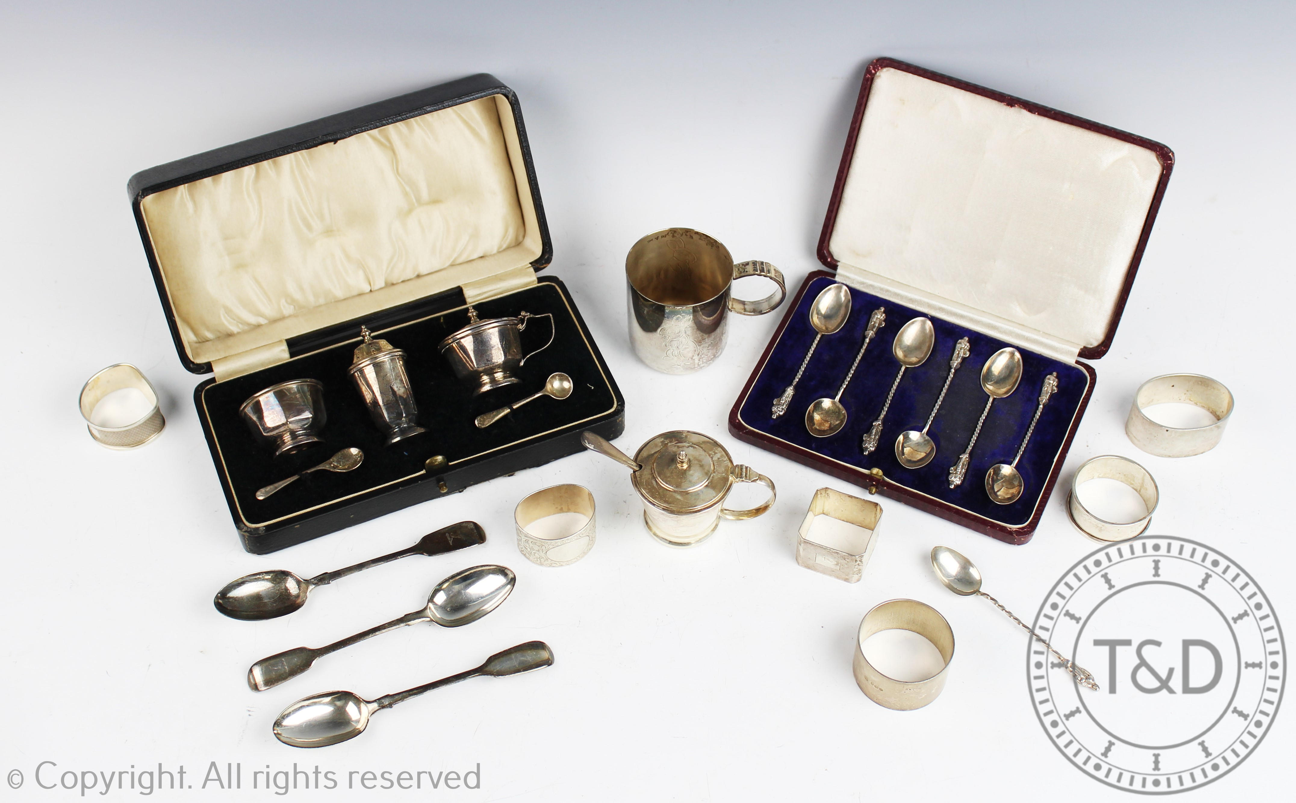 A selection of silver items to include a cased condiment set, Adie Brothers Ltd, Birmingham 1930,