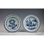 Two 18th century Liverpool Delft blue and white bowls, each decorated in the Chinoiserie style,