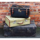 A vintage leather and canvas travelling case, 27cm H x 51cm W x 37cm D,