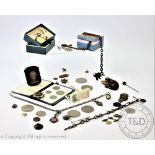 A selection of watches, coins, buttons etc, to include; a silver fob watch,