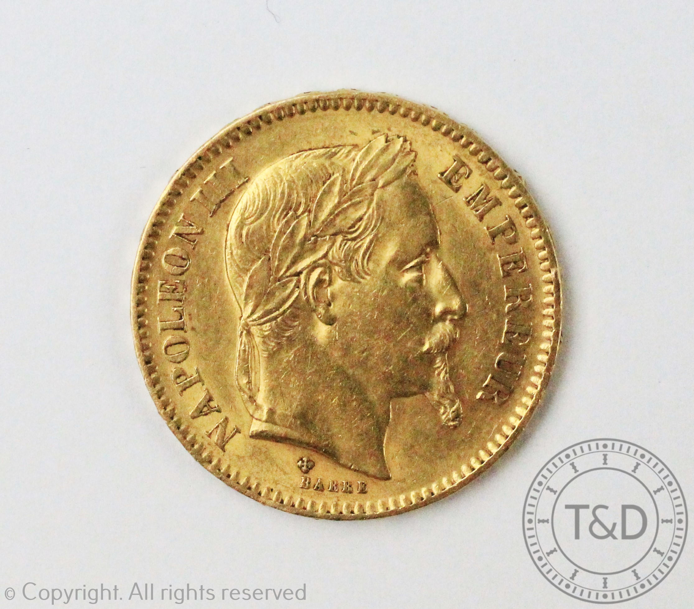 A 20 Franc gold coin dated 1865, weight 6. - Image 2 of 2