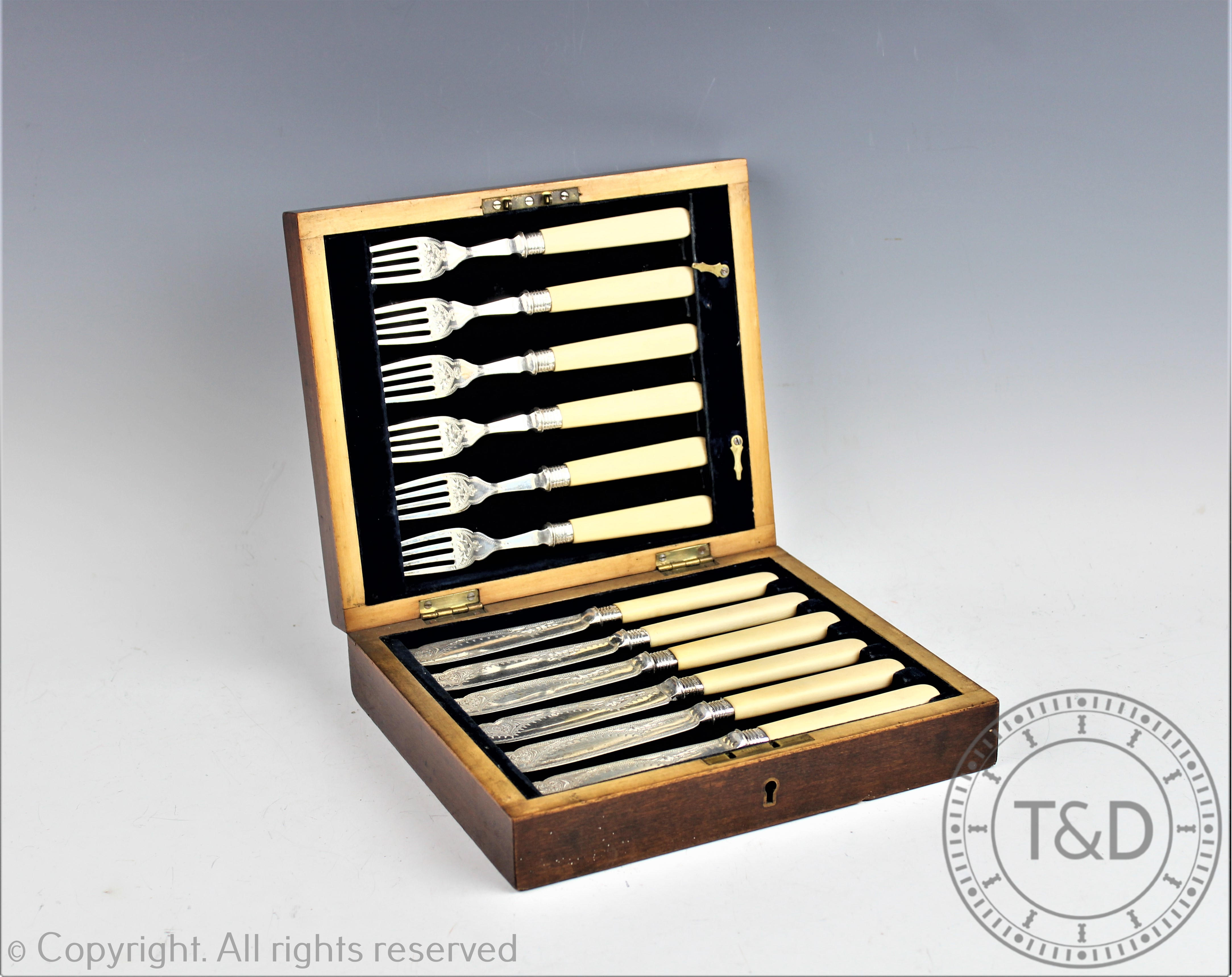 A Victorian cased set of six silver and ivory handled fish knives and forks, Levesley Brothers,