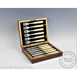 A Victorian cased set of six silver and ivory handled fish knives and forks, Levesley Brothers,