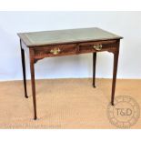 An Edwardian inlaid mahogany writing table, with two drawers, on tapered legs, 74cm H x 91.