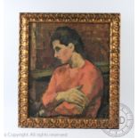 English School - 20th century Bloomsbury style, Oil on panel, Portrait of a lady in a red jumper,