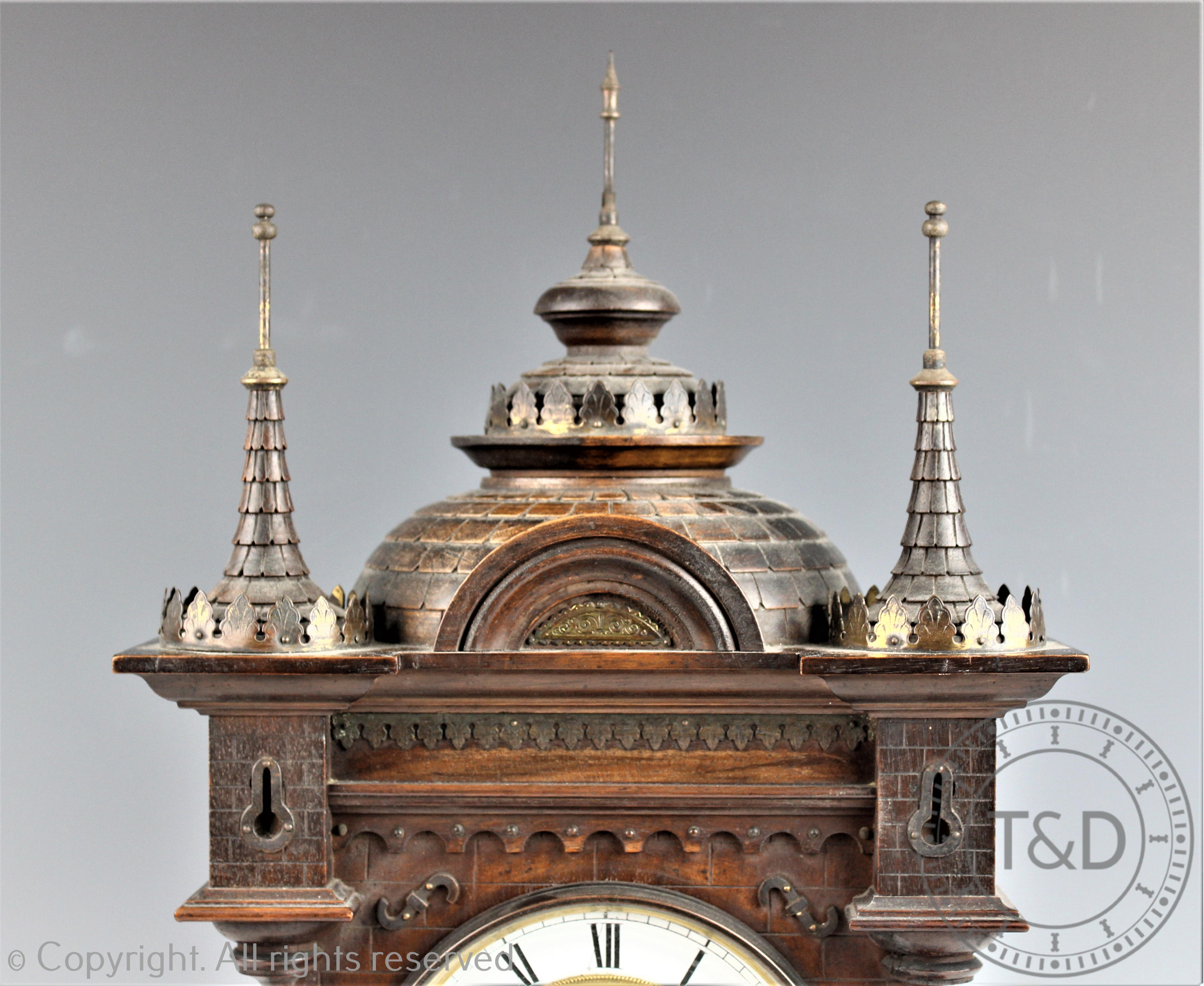 A late 19th century German carved wood mantel clock, of architectural form, - Image 2 of 4