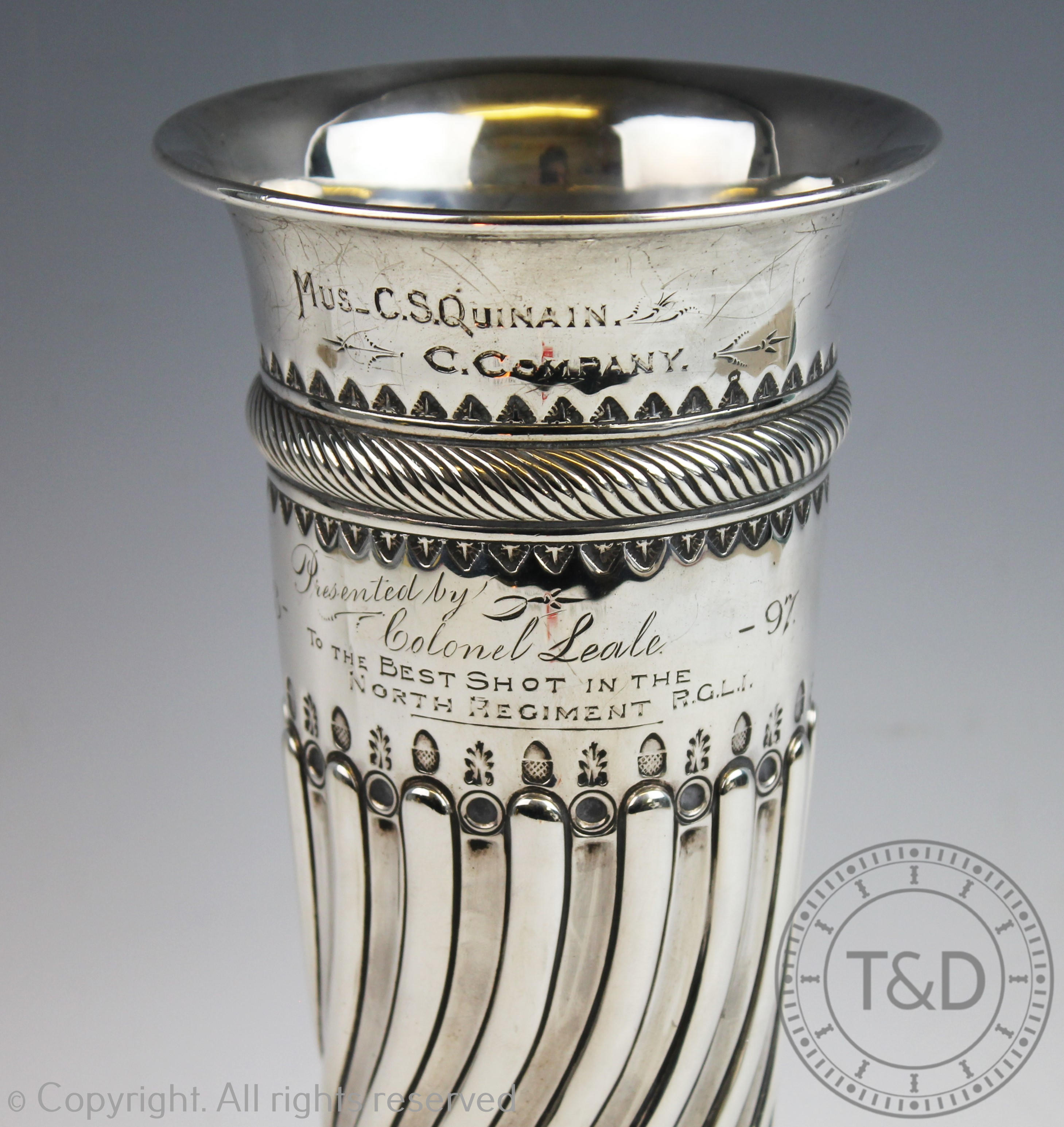 A silver vase Sibray, Hall & Co Ltd, London 1894 of half wrythen form, - Image 2 of 2