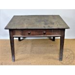 A late Victorian / Edwardian rustic country kitchen oak dining table, of square form,