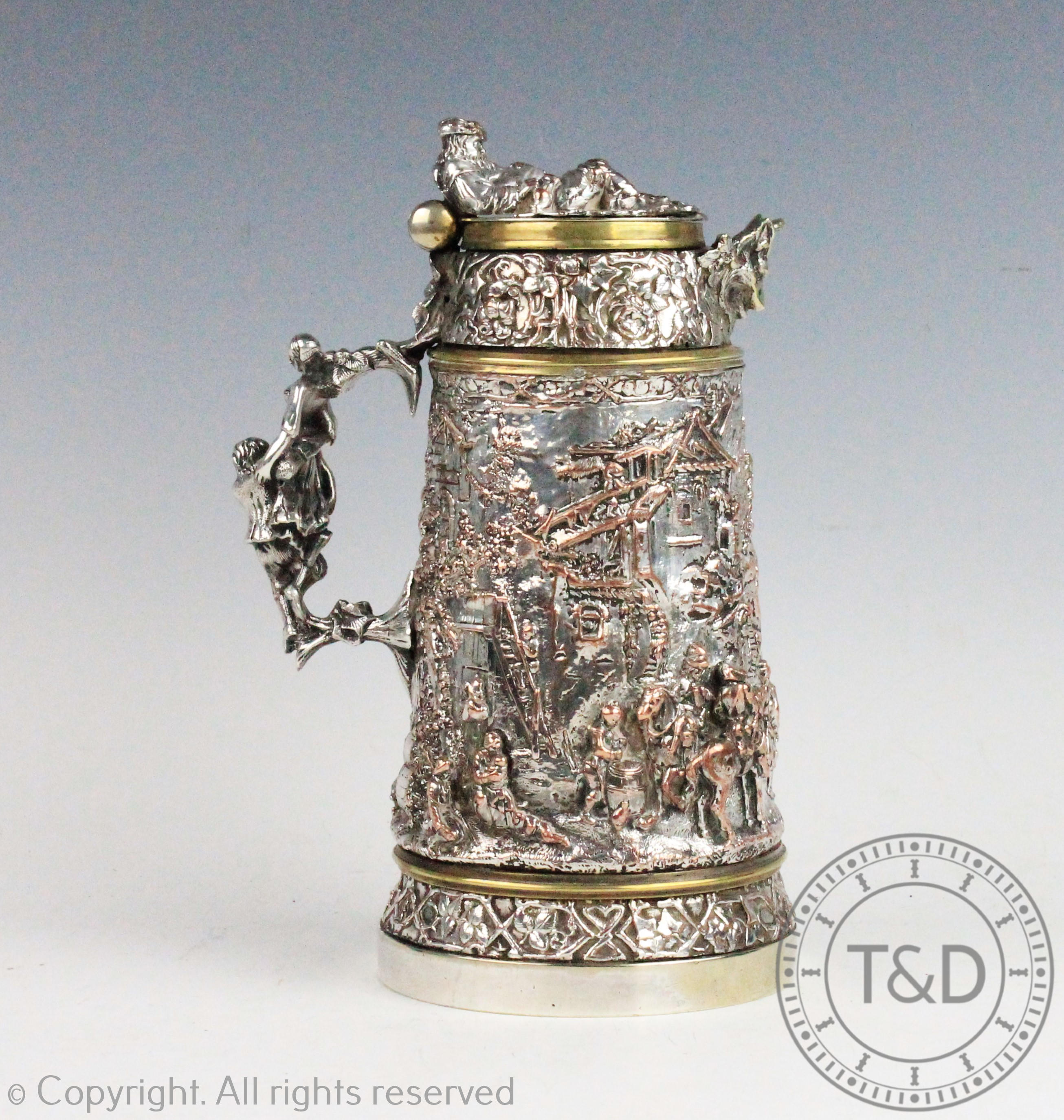 An unusual silver plated stein, 19th century,