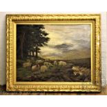 Wright Barker - 19th century, Oil on canvas Moorland scene with sheep grazing, Signed lower left,