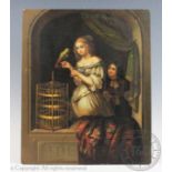 Manner of Caspar Netcher (1635-1684), Oil on zinc / tin panel, Young woman feeding a parrot,