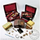 A collection of five Victorian and later jewellery boxes and cases, containing assorted costume,