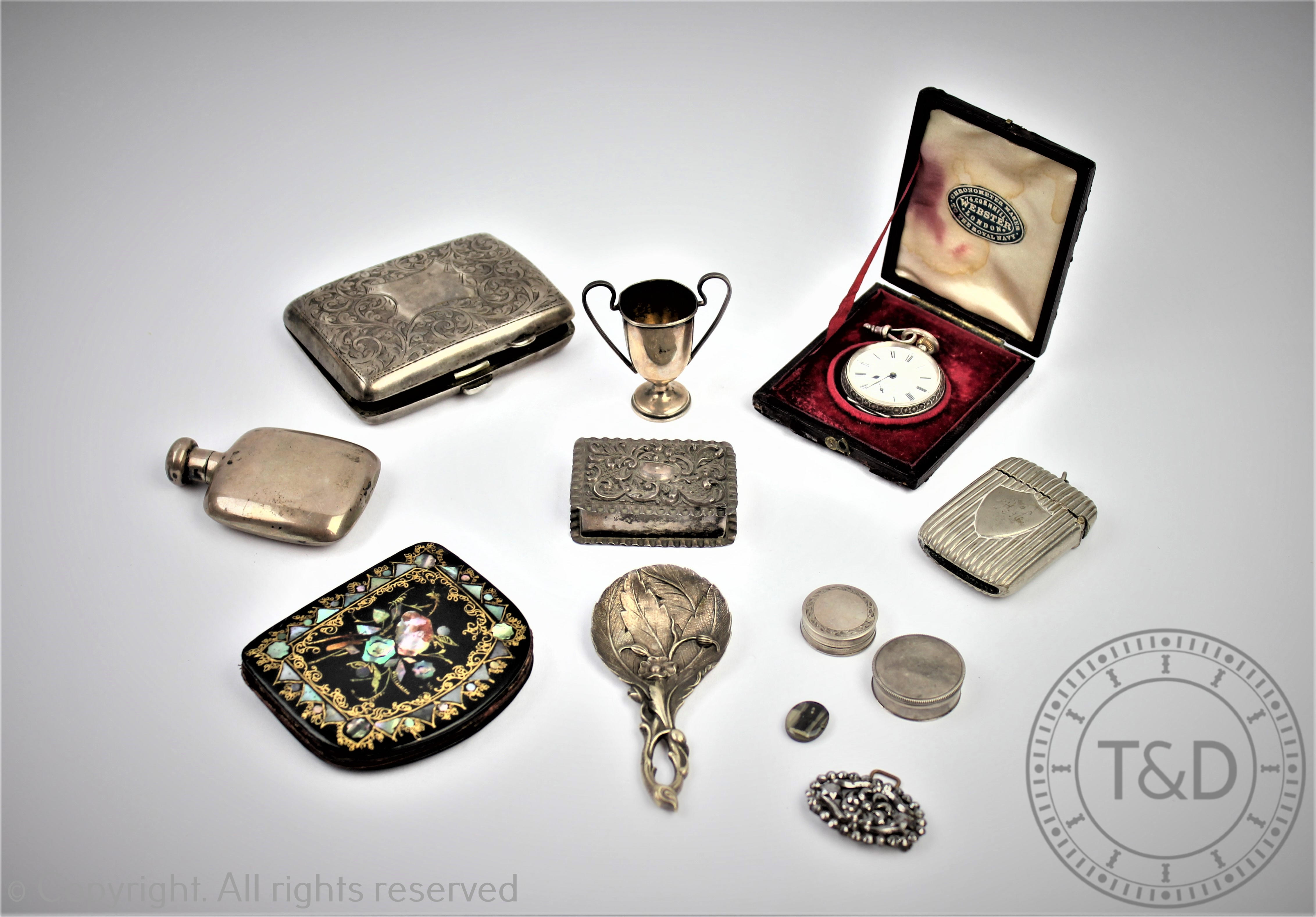 A collection of small silver to include; a silver fob watch within original case,