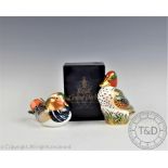 Two Royal Crown Derby paperweights; Green Winged Teal and Manadarin Duck, both with gold stoppers,