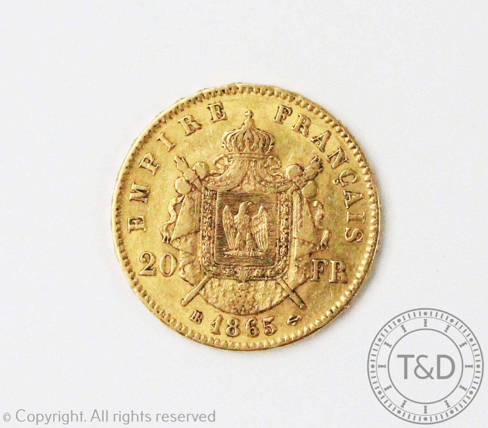 A 20 Franc gold coin dated 1865, weight 6.