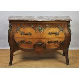 A French Louis XV style marble top walnut bombe commode, brass mounted, with two drawers,