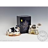 A Royal Crown Derby Fresian Cow 'Buttercup' paperweight, gold stopper, boxed,