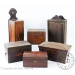 Six 19th century treen boxes, to include; an inlaid mahogany candle box of slender proportions, 44.
