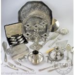 An assortment of silver plated wares, to include; an octagonal galleried tray, a circular salver,