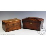 A William IV rosewood tea caddy, on rectangular form with mother of pearl escutcheon,