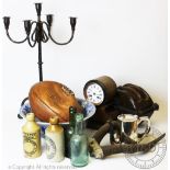 A miscellany of interior decorator items, to include a metal five light candelabra,