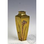 A Japanese polished bronze and copper vase, of tapering square form,