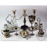 A selection of assorted silver plated wares, to include a six piece condiment stand,