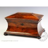 A William IV rosewood tea caddy, of waisted sarcophagus form,
