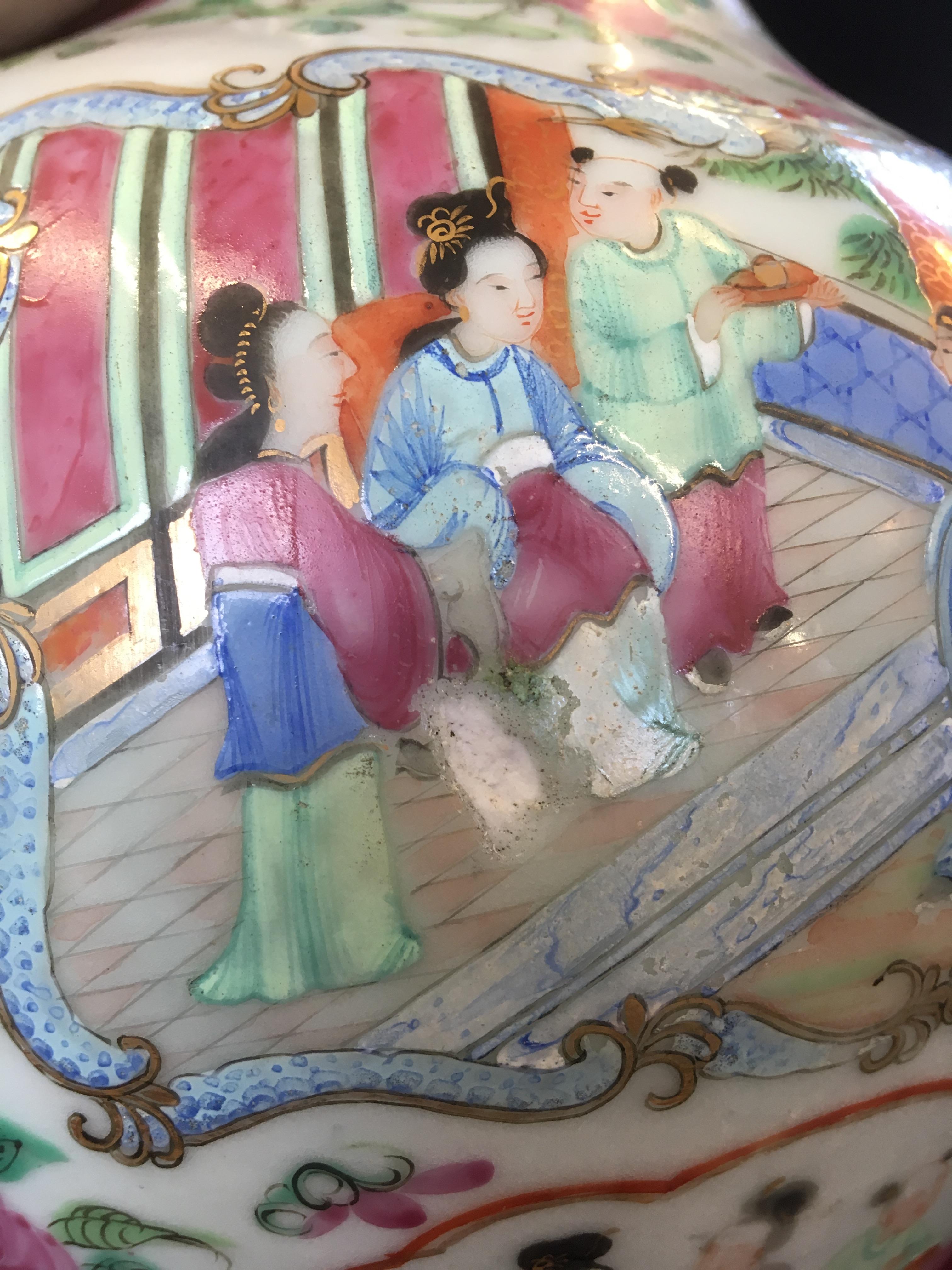 A pair of 19th century Chinese porcelain, Canton famille rose bottle vases, - Bild 2 aus 13