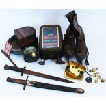 A selection of vintage items to include, a brass fishing reel with ivory handle in leather case,