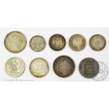 Nine world coins comprising; a Polish 1933 Jan III Sobieski 10 Zlotych,