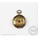 A ladies yellow metal cased fob watch, the gilt dial with black Roman numerals (worn),