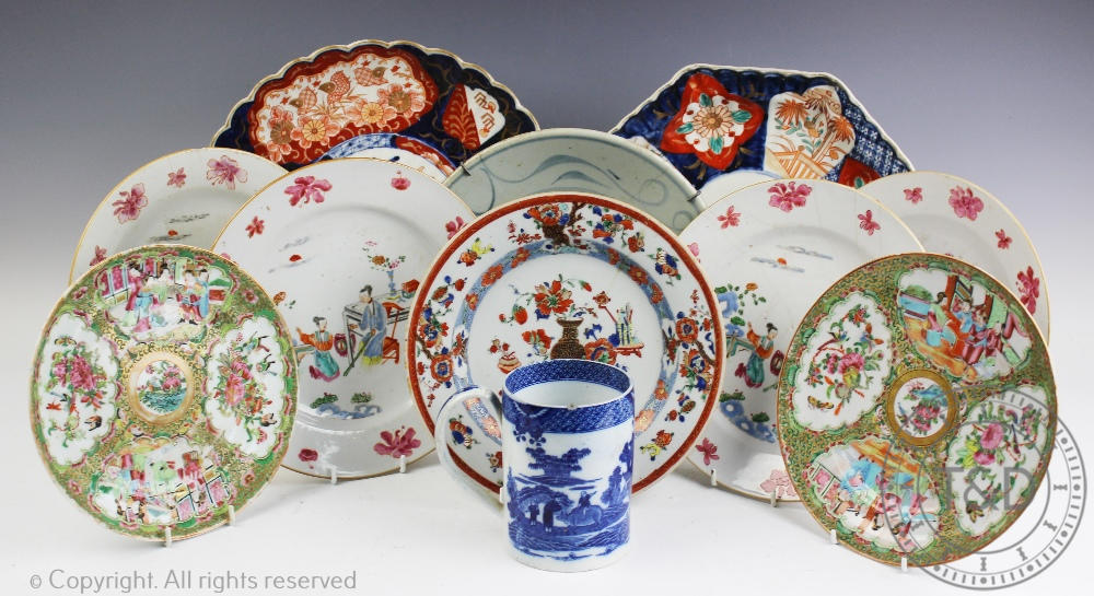 Four 19th century Chinese famille rose export porcelain plates, 24cm diam, with three other plates,