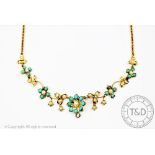 An Edwardian split seed pearl and turquoise set necklace,